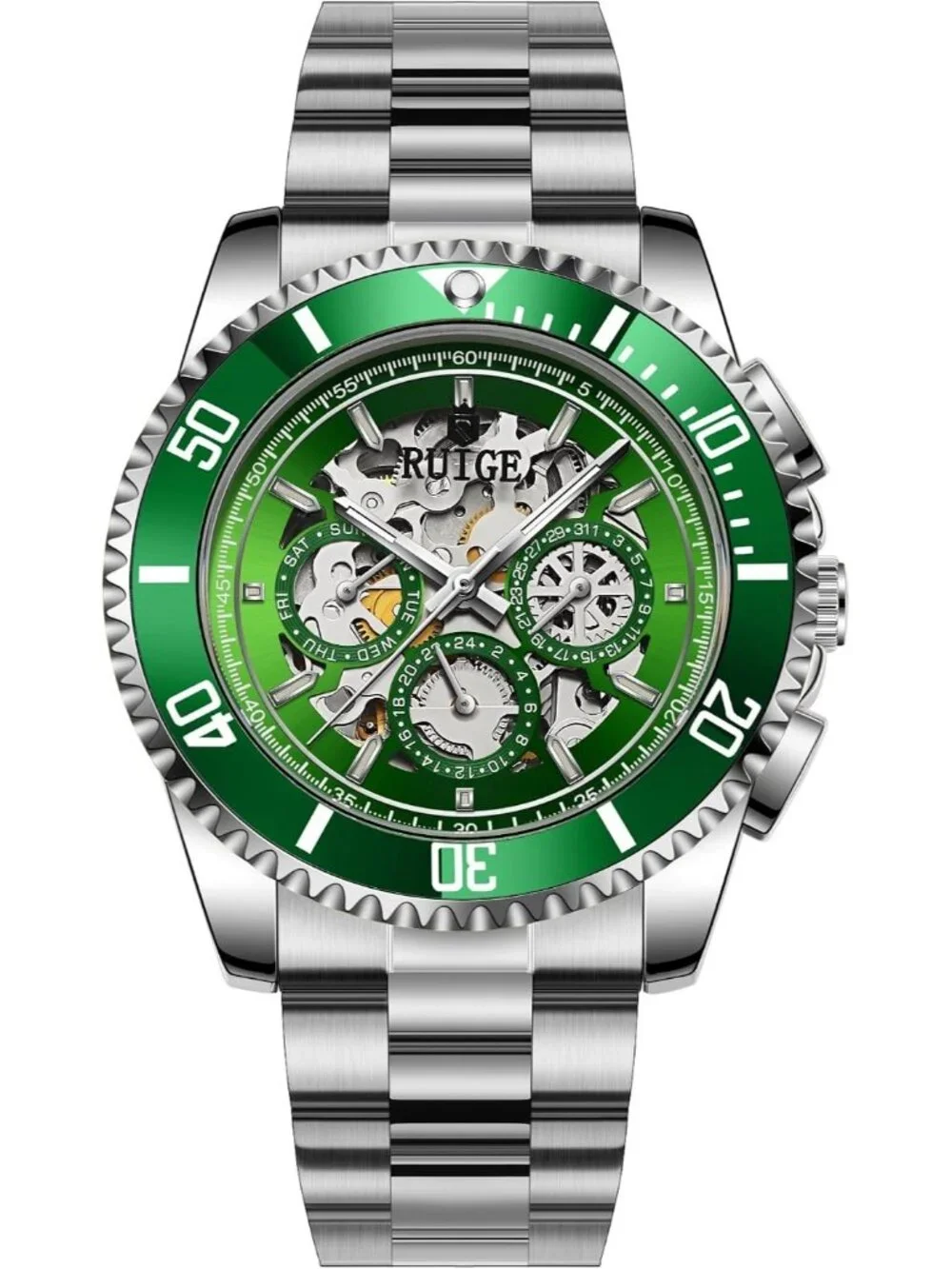Men's Green Automatic Skeleton 43mm Mechanical Luminous Stainless Steel Watch